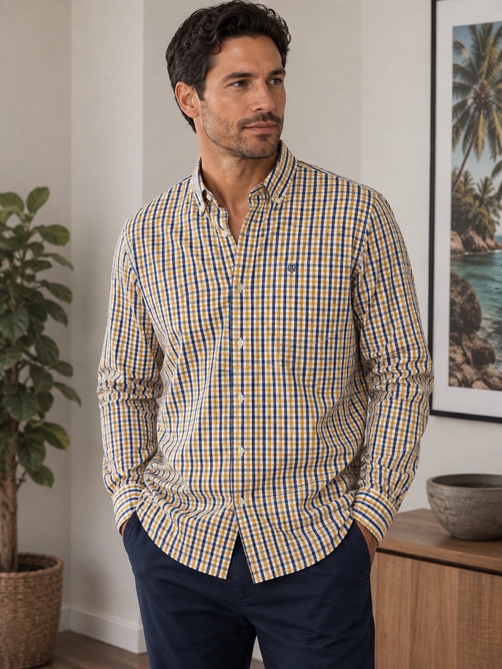 Chaps Yellow and Navy Check Button-Down Shirt